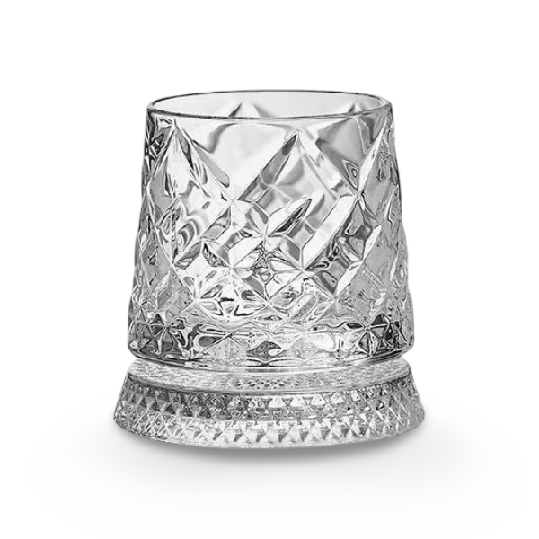 Tomt roterande kristallglas, 280 ml, redo för din favoritwhisky i hembar.