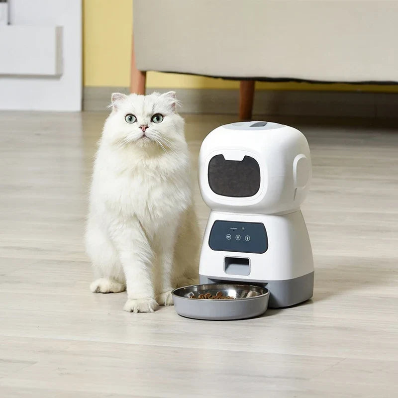Vit automatisk matare med katt som sitter bredvid