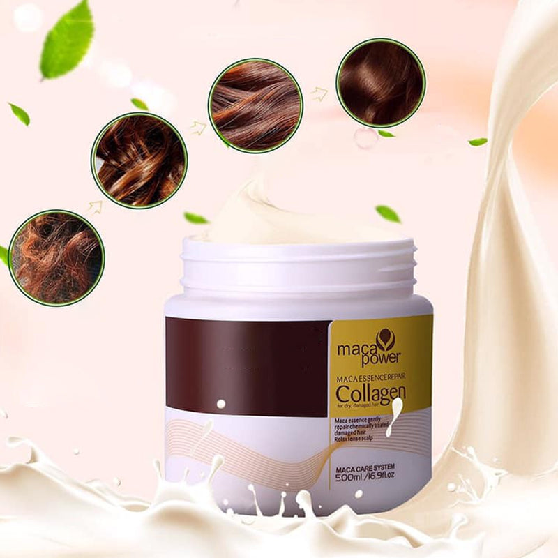 Naturlig kollagenmask för hårvård, rik på veteprotein och arganolja, ger håret djup näring och intensiv glans.