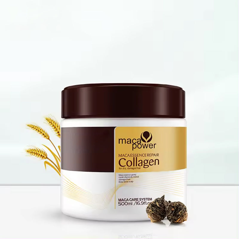 Naturlig kollagenmask för hårvård, rik på veteprotein och arganolja, ger håret djup näring och intensiv glans.