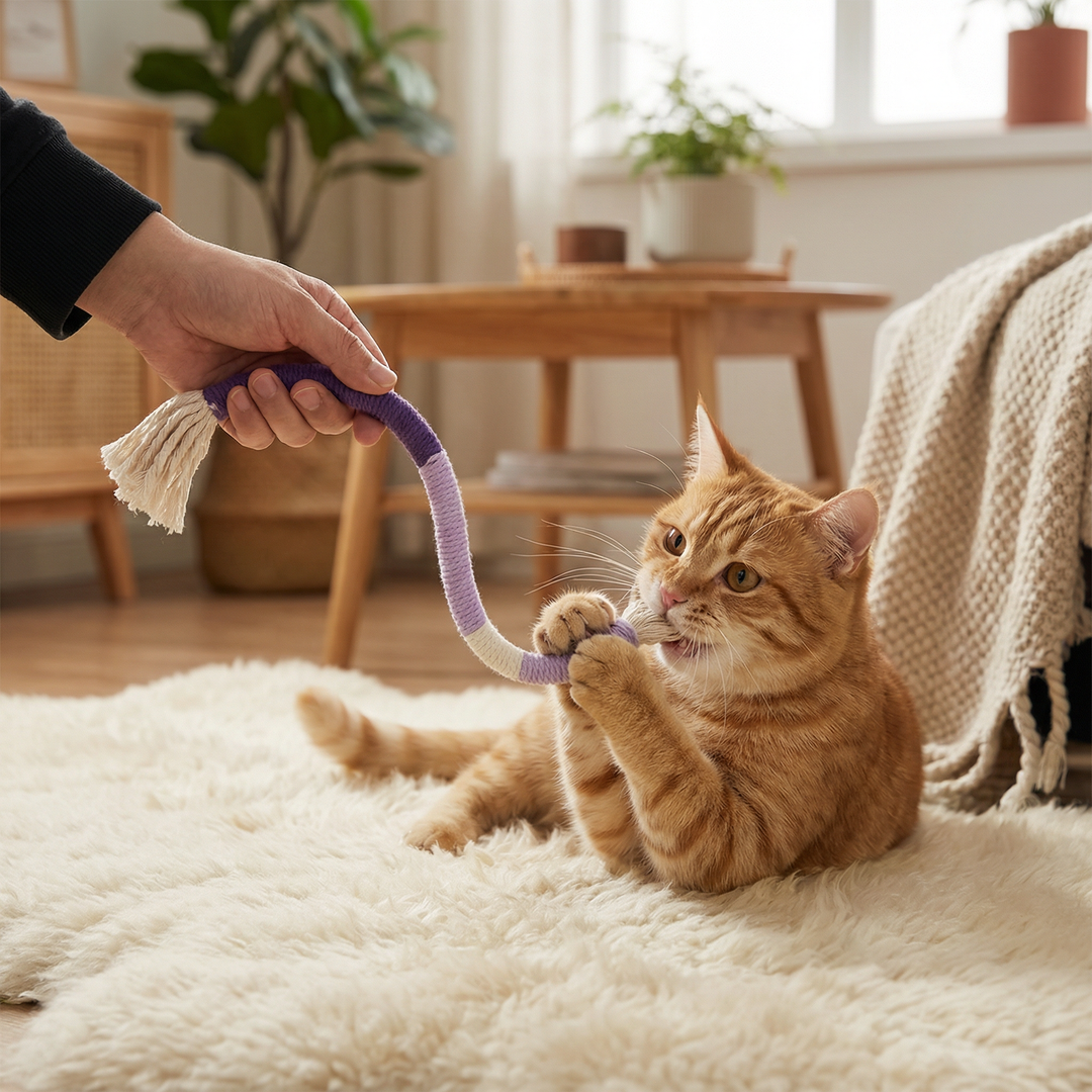 Naturlig tuggleksak för katt, effektiv tandvård och stressavlastning för en glad innekatt.