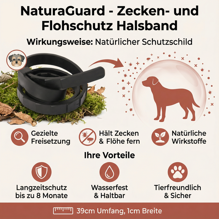 Glad hund med naturligt fästinghalsband. Vattentåligt loppskydd för djurvård.