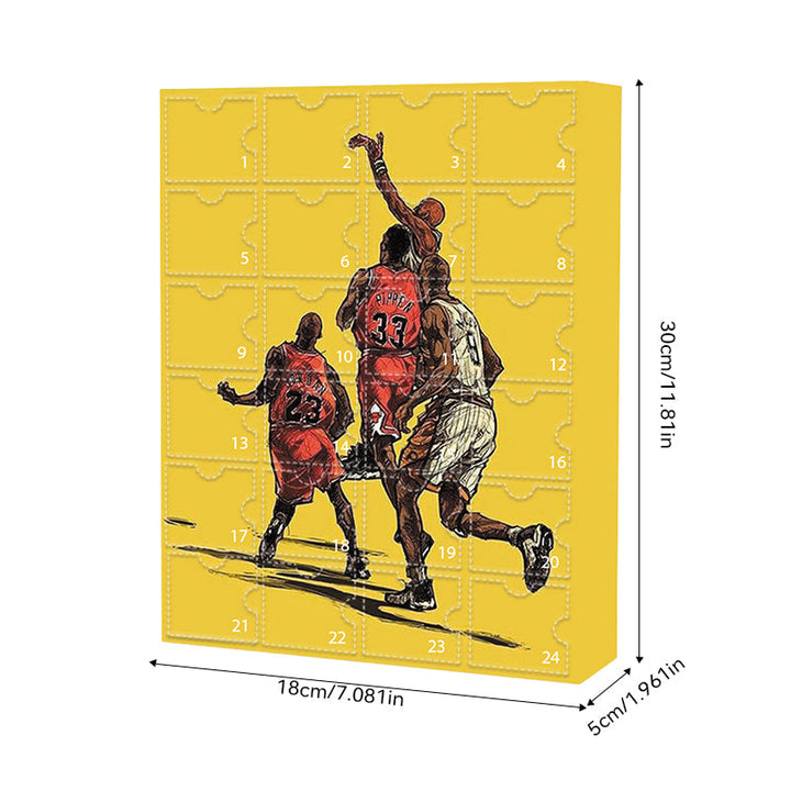 "NBA adventskalender med små prydnader, blå och vit, 24 luckor med baskettemade miniatyrer, perfekt julöverraskning."