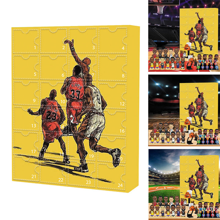 "NBA adventskalender med små prydnader, blå och vit, 24 luckor med baskettemade miniatyrer, perfekt julöverraskning."