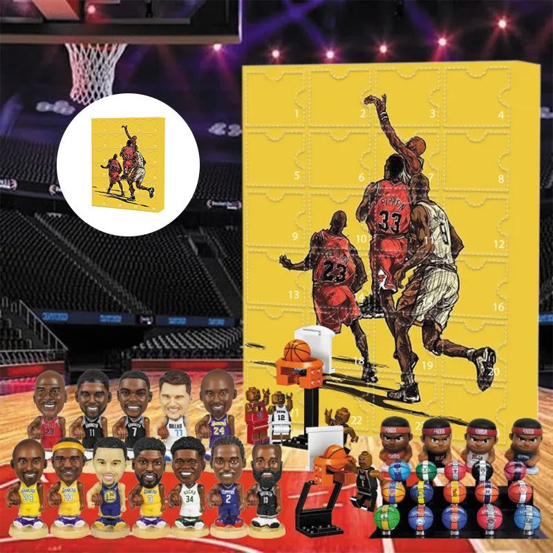 "NBA adventskalender med små prydnader, blå och vit, 24 luckor med baskettemade miniatyrer, perfekt julöverraskning."