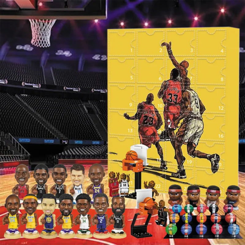 "NBA adventskalender med små prydnader, blå och vit, 24 luckor med baskettemade miniatyrer, perfekt julöverraskning."