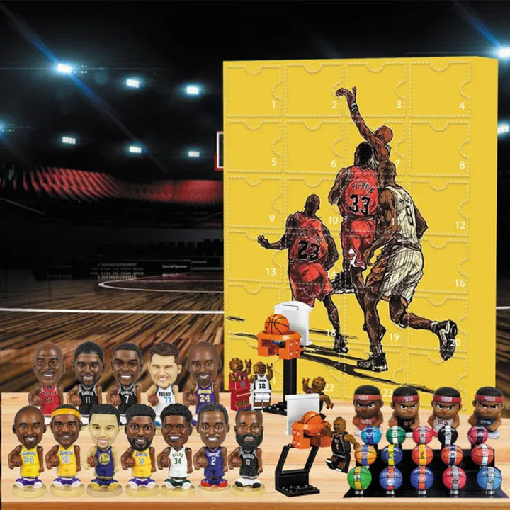 "NBA adventskalender med små prydnader, blå och vit, 24 luckor med baskettemade miniatyrer, perfekt julöverraskning."