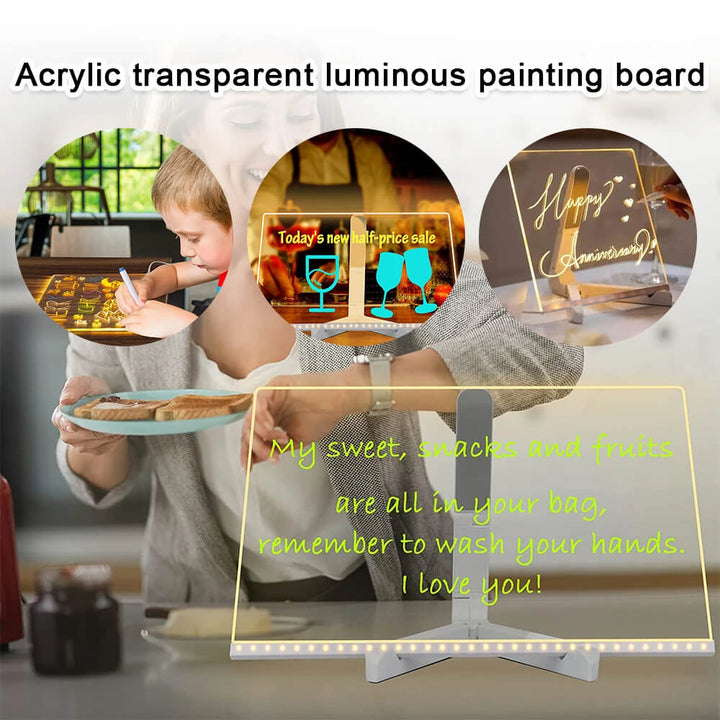 Upplyst led-tavla i akryl placerad på skrivbord för anteckningar