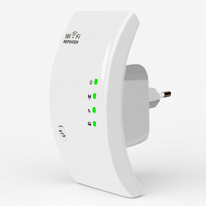 NetBoost WiFi-repeater med WPS-teknik för enkel installation. Förbättrar WiFi-täckning i hela ditt smarta hem.