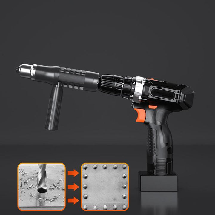 Nitpistol för borrmaskin, robust design, fyra munstycken, ergonomiskt grepp, legerat stål för DIY-projekt.