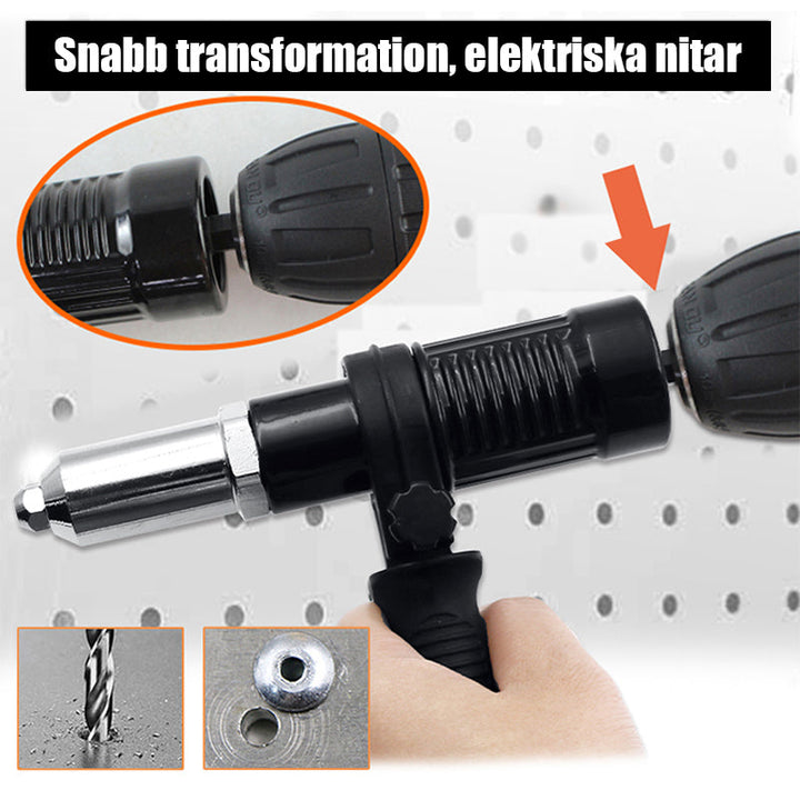 Nitpistol för borrmaskin, robust design, fyra munstycken, ergonomiskt grepp, legerat stål för DIY-projekt.