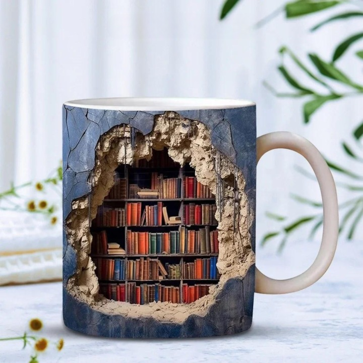 Keramisk 3d mugg med bokhylla motiv för kaffeälskare och bokentusiaster