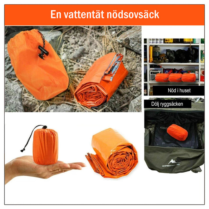 "Nödsovsäck utomhus, vattentät och kompakt i orange, för camping och äventyr, synlig vid nödsituationer."