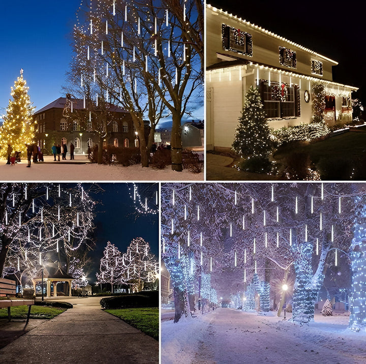 Trädgård upplyst av flera LED snöfall slingor under vinternatten