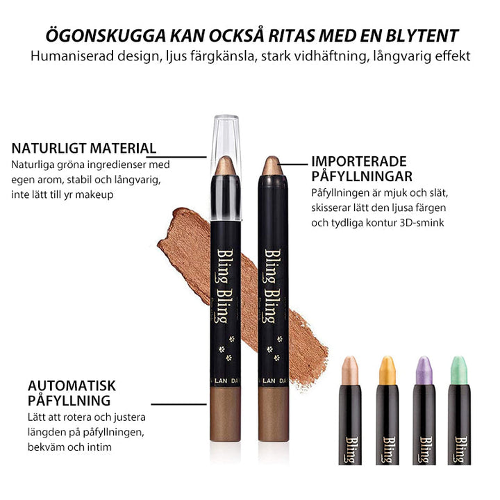 "Ögonskuggspenna med glitter, vattentät och intensivt färgad, för glamorös ögonmakeup. Enkel applicering för alla hudtyper."