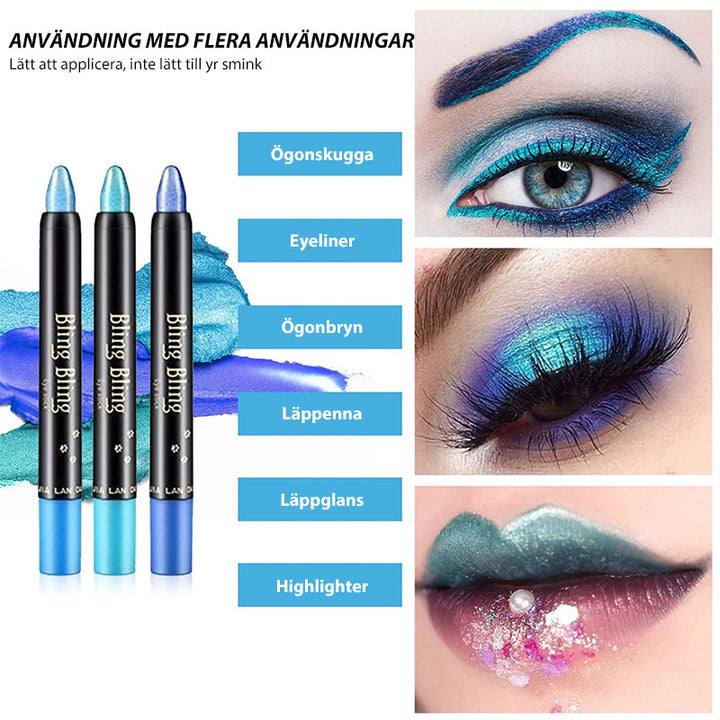 "Ögonskuggspenna med glitter, vattentät och intensivt färgad, för glamorös ögonmakeup. Enkel applicering för alla hudtyper."