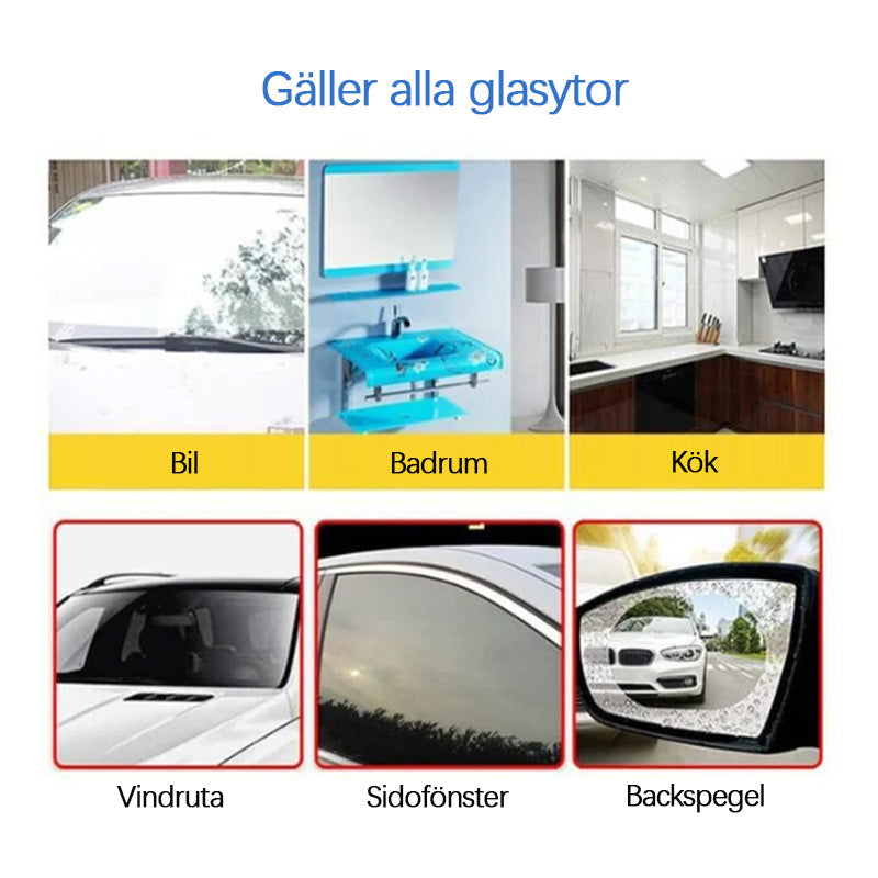 "Oljefilmborttagare för bil som effektivt tar bort oljefilm, visar en ny glansig och ren yta, produkt på vit bakgrund."