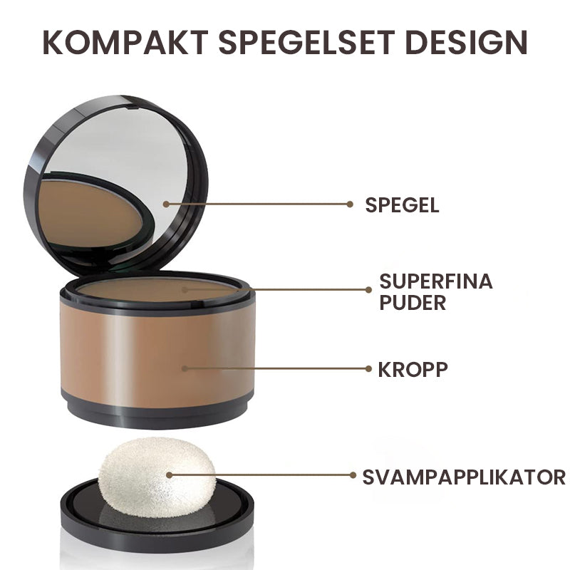 "Omedelbart hårfärgningspulver, naturlig look, döljer grå rötter, kompakta färgnyanser, lätt att applicera med puff."