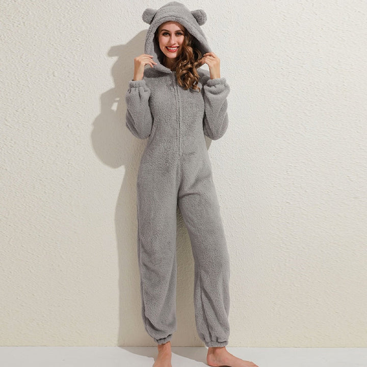 Damernas mjuka onesie jumpsuit med huva i mysigt fleecematerial för kalla dagar