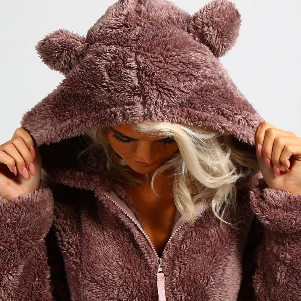 Skön loungewear för dam: fleecemysdress med huva och muddar