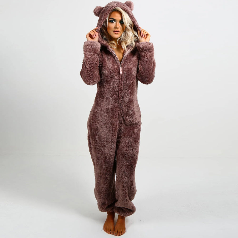 Sovkläder och myskläder dam: varm onesie med långa ärmar och ben