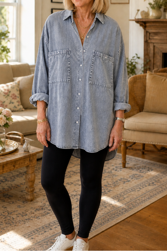 Avslappnad damskjorta i blå denim-imitation, helbild