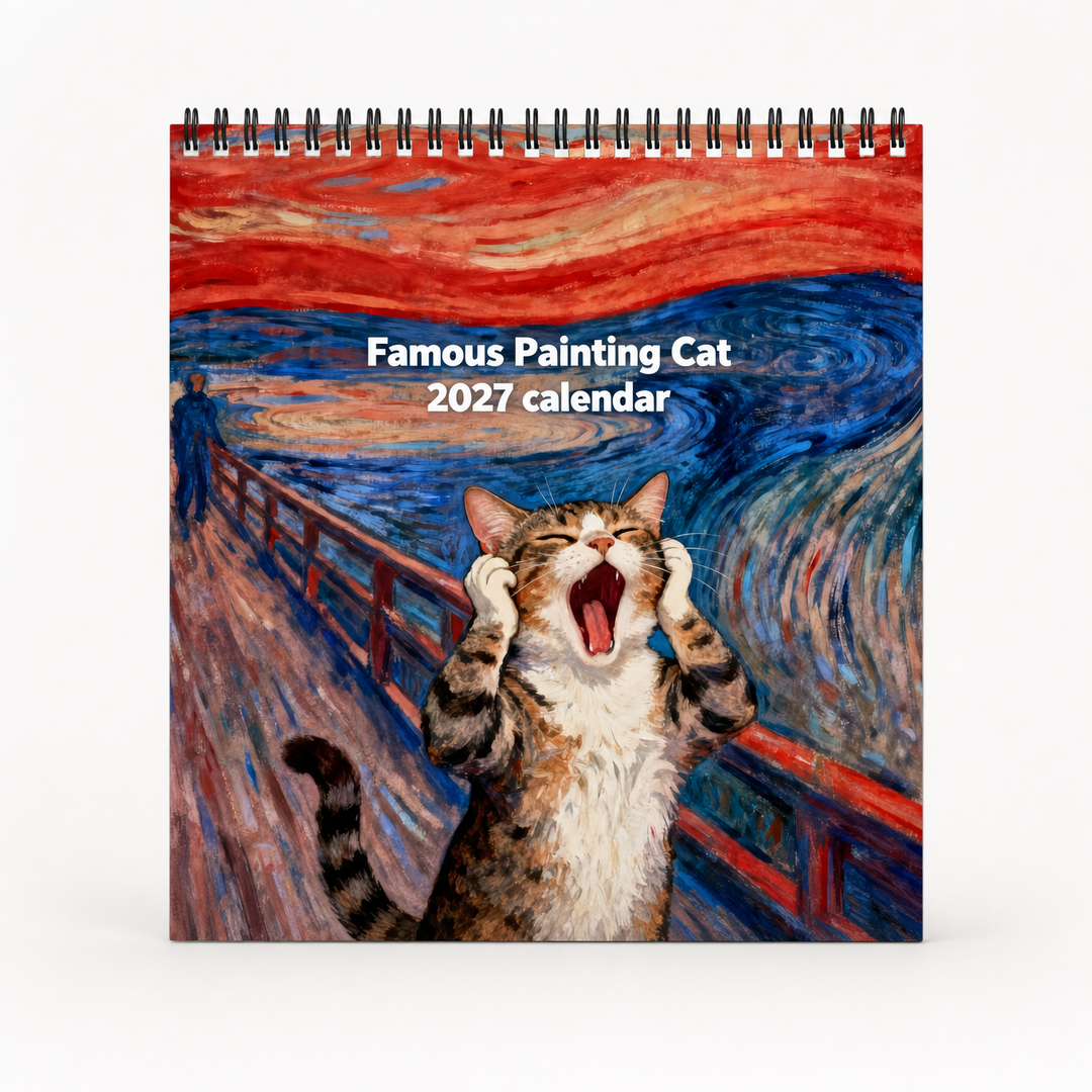 Presentförpackad väggkalender med katter som konstverk för heminredning