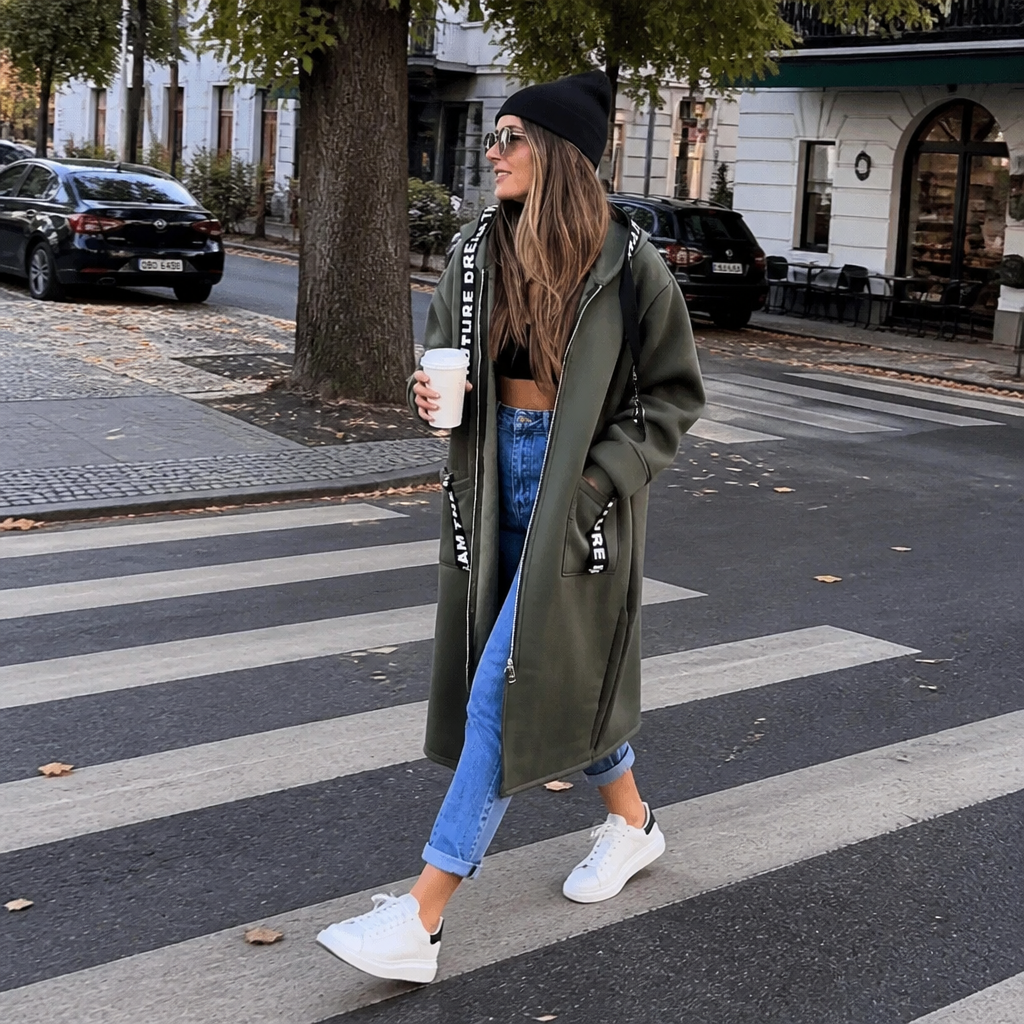 Beige damjacka extra lång modell med dragkedja framtill