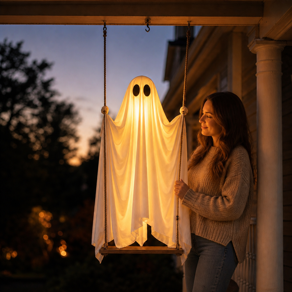 Upplyst hängande spöke gungande för utomhus halloween dekoration