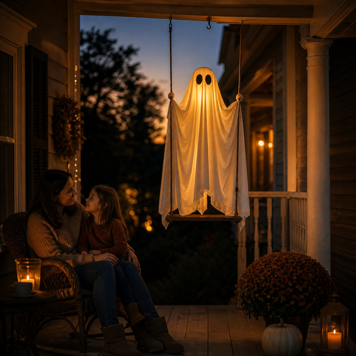 Familj som sitter på verandan bredvid det upplysta halloween-spöket