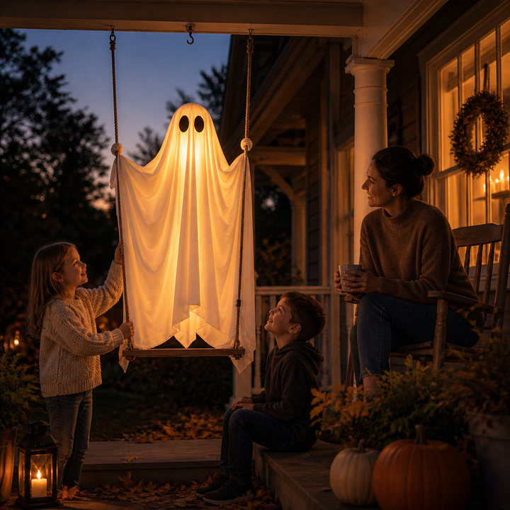 Svevande lysande halloween spöke på trägung hängande i trädgård