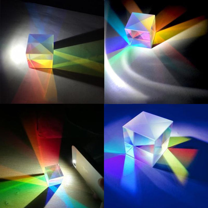 "Optisk prisma kub med färgspel, kompaktdesign, glaspaneler som skapar kalejdoskop av färger vid ljusbrytning."