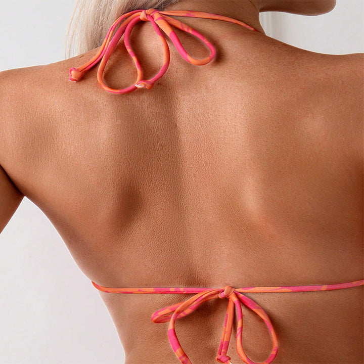 Somrig blommig triangelbikini för dam i orange, med knytband, snygga badkläder för stranden.