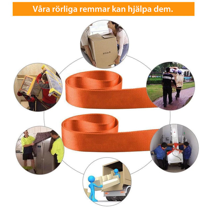 "Orange justerbara lyft- och rörelseselar för möbler, 3 meter långa, vävd polymer, med robust järnspänne, 2 st."
