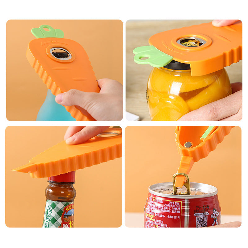 "Orange morotsformad multifunktionell flasköppnare i kök, ABS plast, robust och lekfull design för alla lockstorlekar."