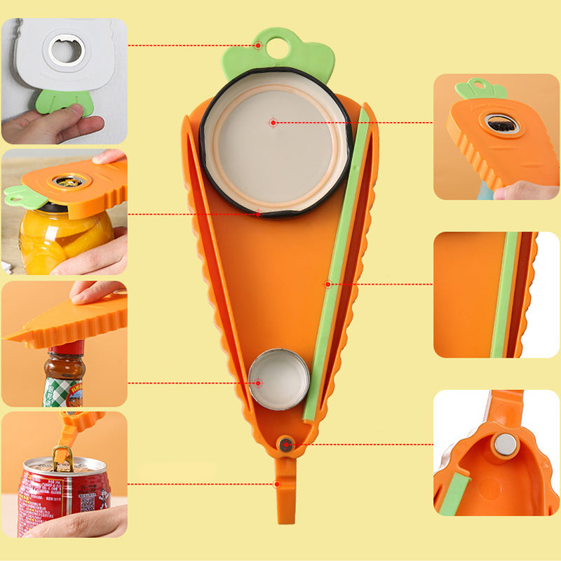 "Orange morotsformad multifunktionell flasköppnare i kök, ABS plast, robust och lekfull design för alla lockstorlekar."