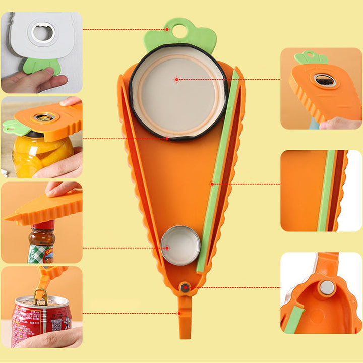 "Orange morotsformad multifunktionell flasköppnare i kök, ABS plast, robust och lekfull design för alla lockstorlekar."