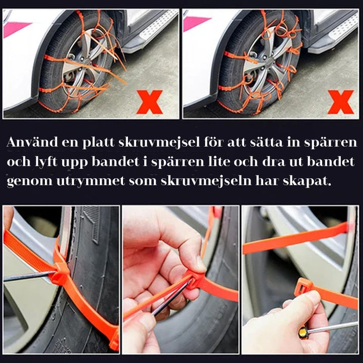 "Orange universella antisladd snökedjor för bilar i TPU, maximerar grepp på snö och is, passar däck 195-295 mm."