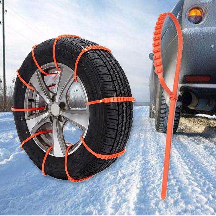 "Orange universella antisladd snökedjor för bilar i TPU, maximerar grepp på snö och is, passar däck 195-295 mm."
