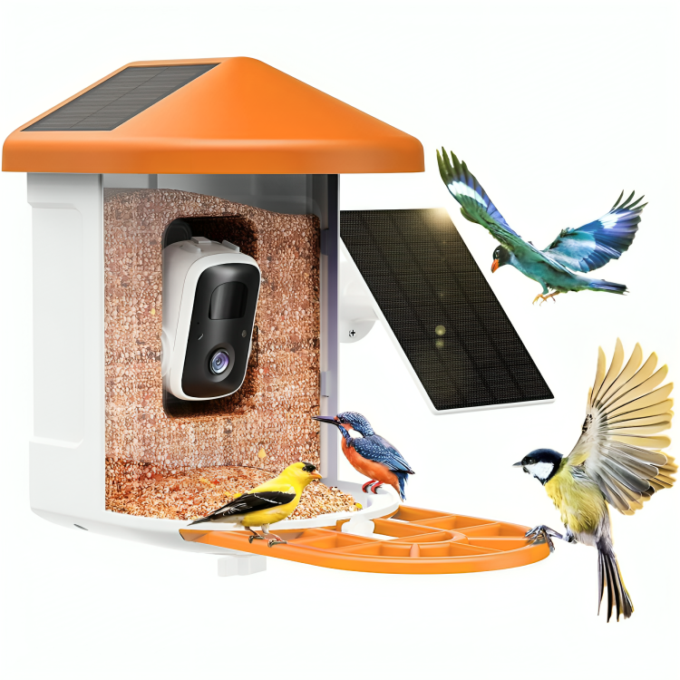 Orange smart fågelmatare med solpanel och fåglar utomhus