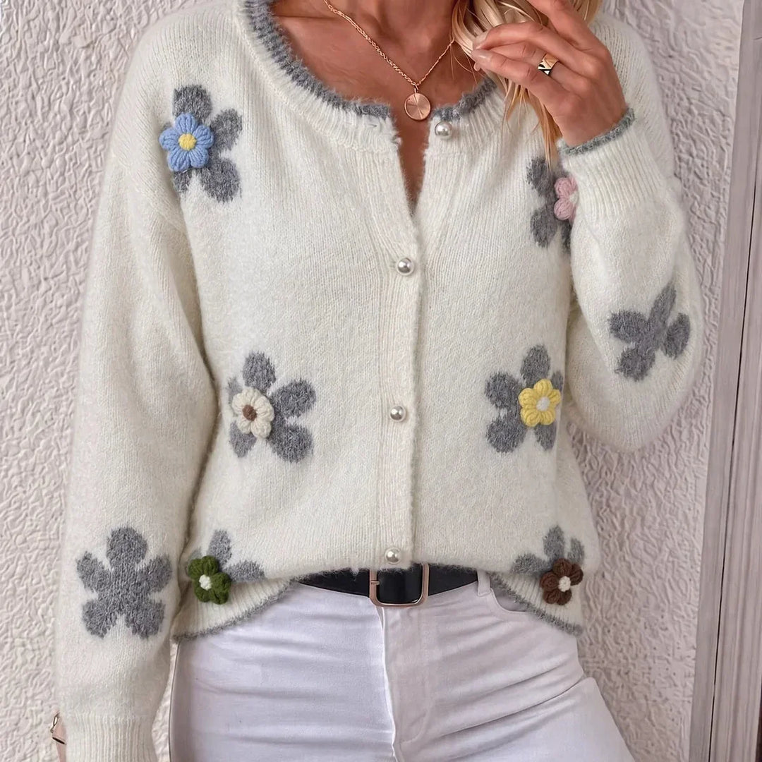 Trendig grå kofta med strukturerade blomdetaljer