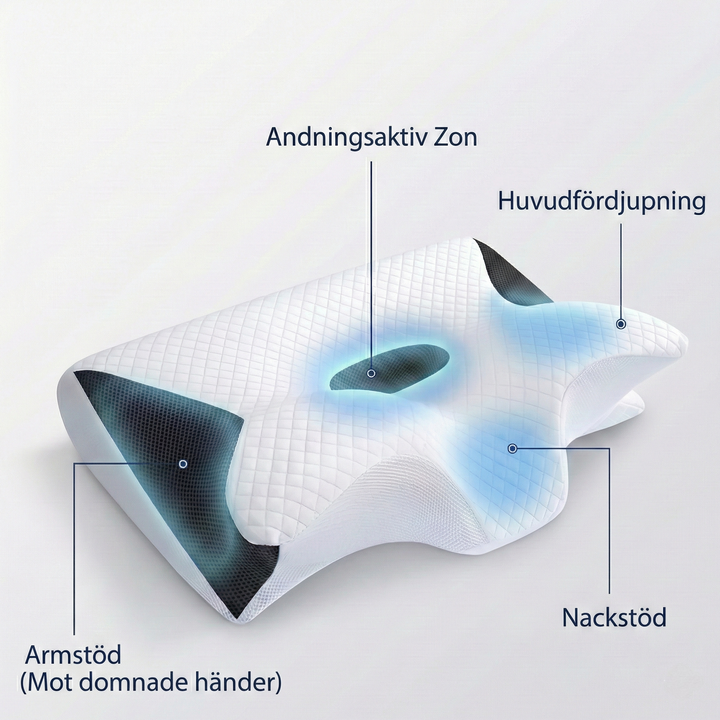 Bekväm ortopedisk kudde med armstöd och fjärilsform. Ger ergonomiskt stöd mot nacksmärta för bättre sömn.