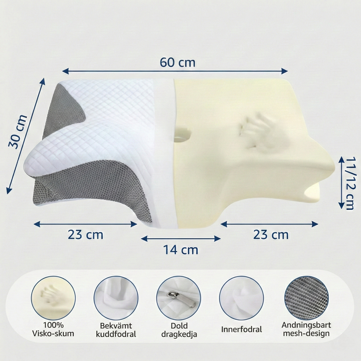Ergonomisk nackkudde med fjärilsdesign, perfekt för sid- och ryggsovare. Minskar nacksmärta och huvudvärk.