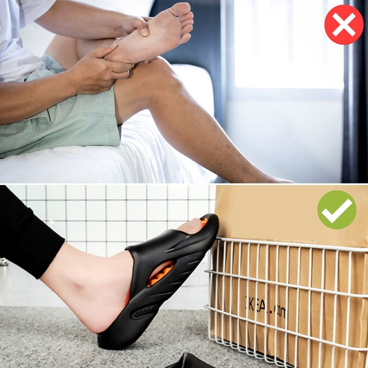 Närbild på ortopediska massagetofflors unika textur. Halkfria sandaler för smärtlindring & fotvård.
