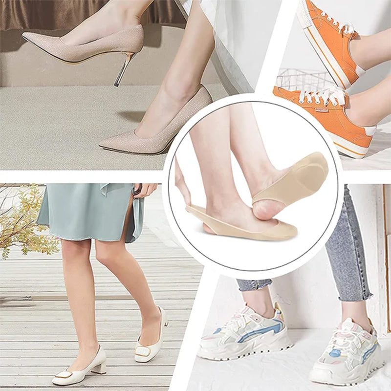 "Osynliga damfotkuddar i sockstil, dämpande för komfort i alla skostilar, svarta och beiga, storlek 35-39."
