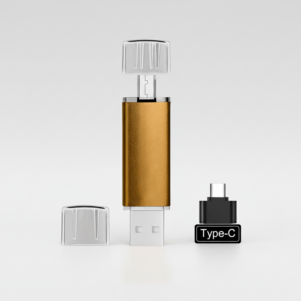 Detaljbild av ett OTG USB-minne med fokus på dess kompakta design och hållbara hölje.