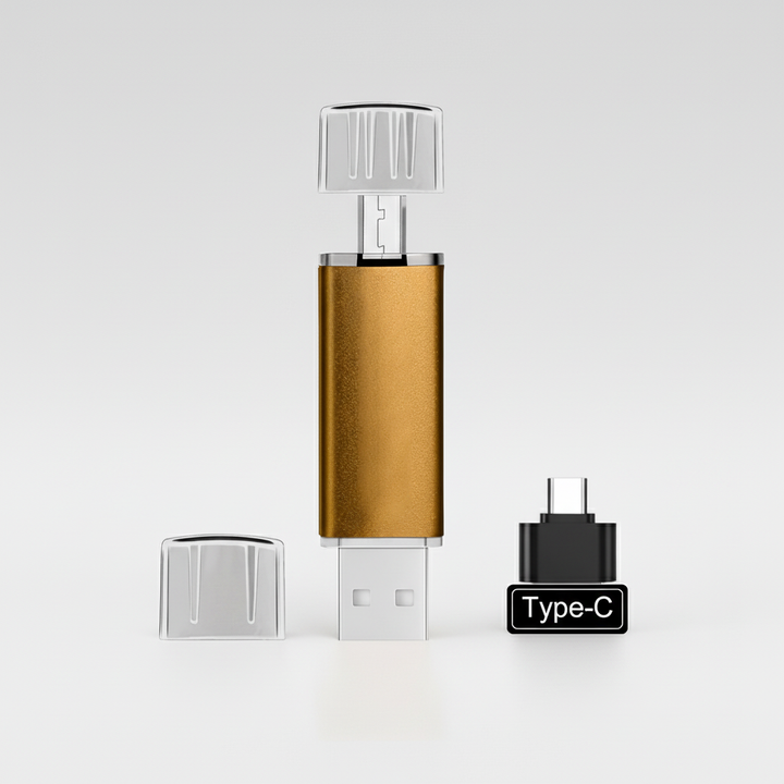 Detaljbild av ett OTG USB-minne med fokus på dess kompakta design och hållbara hölje.