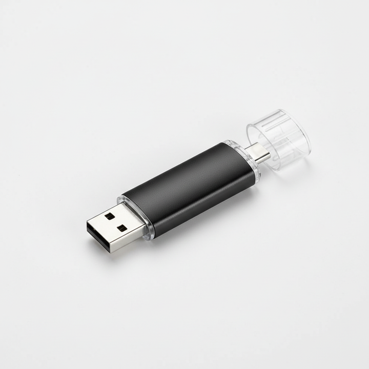 Kompakt OTG USB-sticka med dubbla kontakter för mobillagring och snabb backup av filer.