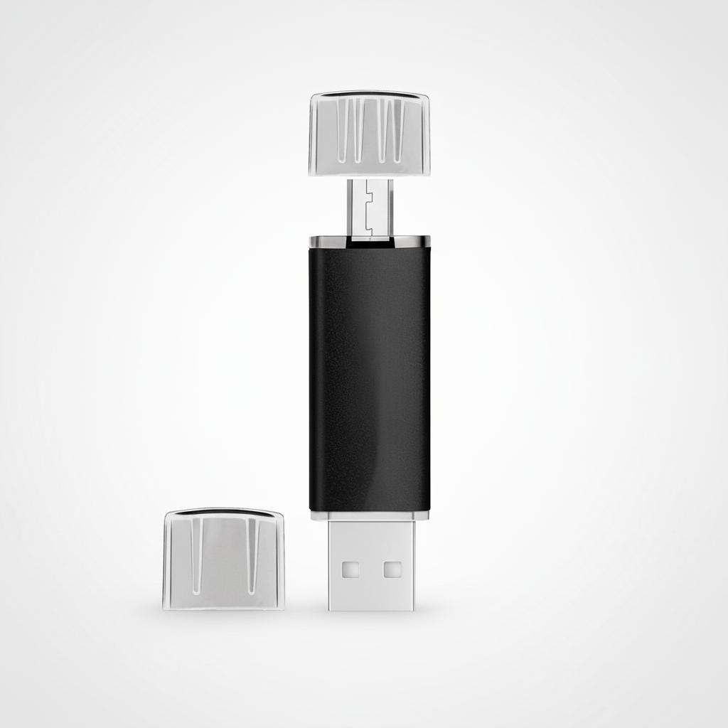OTG USB-minne anslutet till smartphone, möjliggör enkel filöverföring mellan mobil och dator.