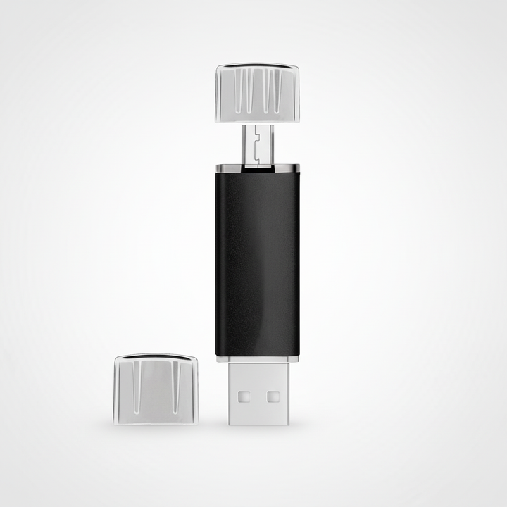 OTG USB-minne anslutet till smartphone, möjliggör enkel filöverföring mellan mobil och dator.